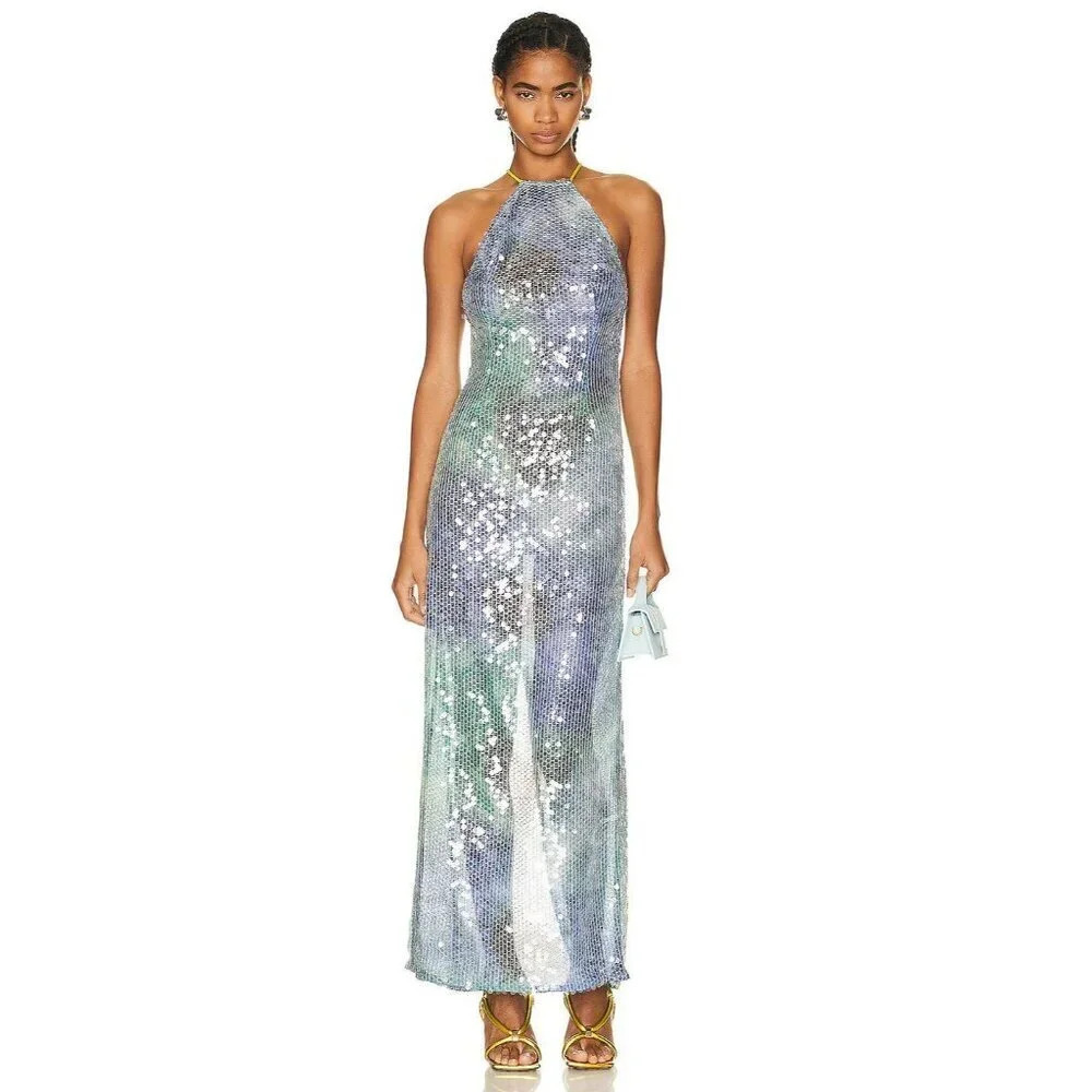 ILA Mer Sequin Maxi Dress in Blue 38 New Womens Long Formal Mosaic Gown